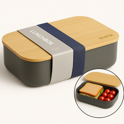 Gusta Broodtrommel - Lunchbox - met elastiek - Bamboe/Kunststof - Antraciet