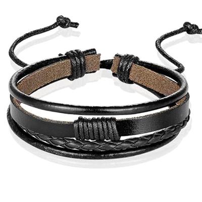 Heren armband Leer Zwart Verstelbaar Touw Multi armband