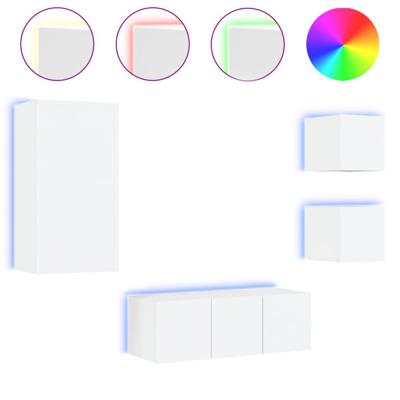5-delige Tv-wandmeubelset met LED-verlichting bewerkt hout wit - thumbnail