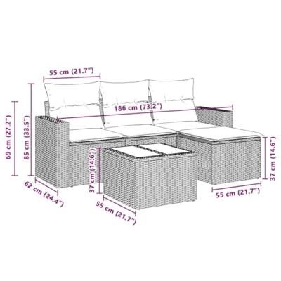 5-delige Loungeset met kussens poly rattan lichtgrijs