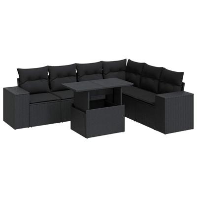 7-delige Loungeset met kussens poly rattan zwart
