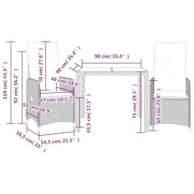 3-delige Bistroset met kussens poly rattan bruin