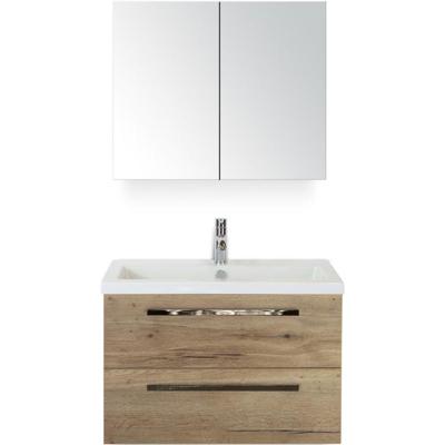Seville Badmeubelset 80 cm - Natuur Eiken - Keramische Wastafel Wit Djazz met Spiegelkast