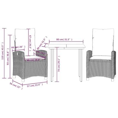 3-delige Tuinset met kussens poly rattan zwart