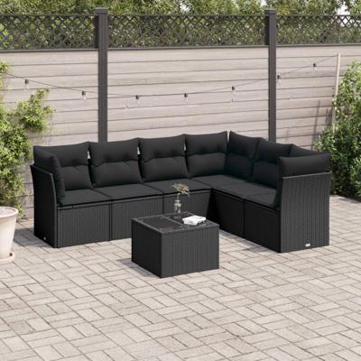 7-delige Loungeset met kussens poly rattan zwart - thumbnail