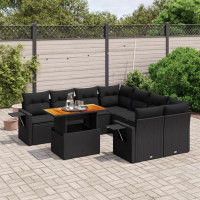 9-delige Loungeset met kussens poly rattan zwart