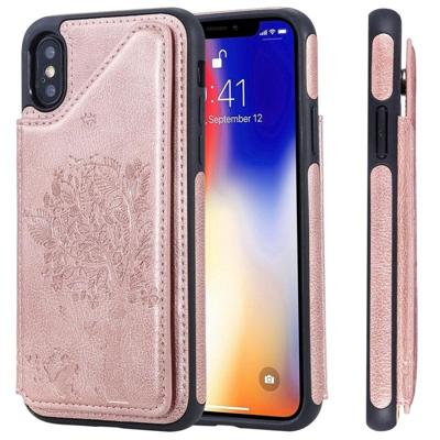Voor iPhone XS kat boom reliëf patroon schokbestendige beschermende case met kaartsleuven & fotolijstjes (Rose goud)