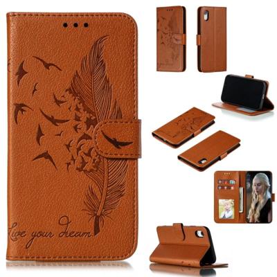 Feather patroon Litchi textuur horizontale Flip lederen draagtas met portemonnee & houder & kaartsleuven voor iPhone XR (bruin)
