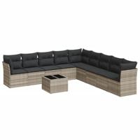 10-delige Loungeset met kussens poly rattan lichtgrijs - thumbnail