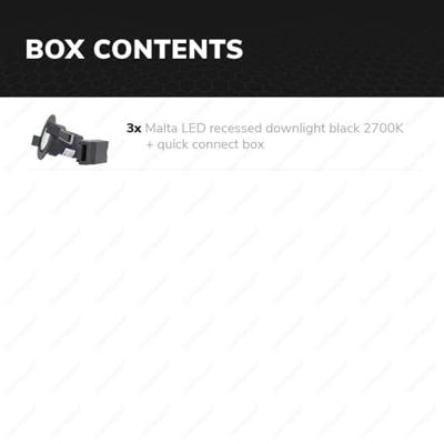Set van 3 Malta LED inbouwspots - 5 Watt 400 lumen - 2700K warm wit - Dimbaar - Rond - Kantelbaar - IP44 waterdicht - Zwart - Incl. Quick Connector box Set van 3 Malta LED inbouwspots - 5 Watt 400 lumen - 2700K warm wit - Dimbaar - Rond - Kantelbaar - IP44 waterdicht - Zwart - Incl. Quick Connector box