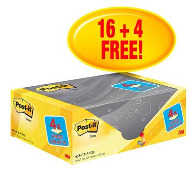 Post-it Notes, 100 vel, ft 76 x 127 mm, geel, pak van 16 blokken + 4 gratis