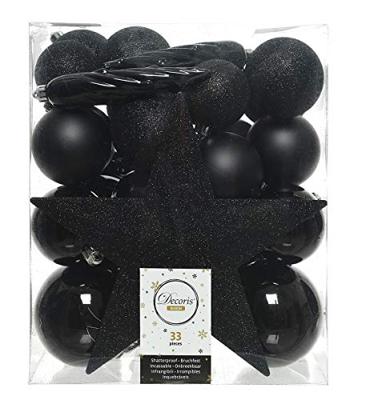 Decoris Kerstballen Plastic mix+piek 33st Zwart