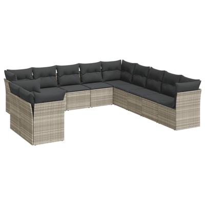11-delige Loungeset met kussens poly rattan lichtgrijs