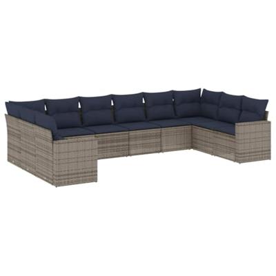 10-delige Loungeset met kussens poly rattan grijs