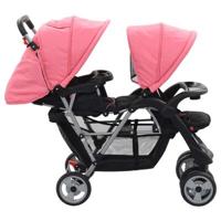 VidaXL Kinderwagen dubbel staal roze en zwart - thumbnail