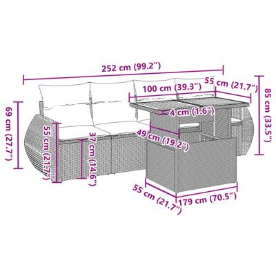5-delige Loungeset met kussens poly rattan grijs - thumbnail