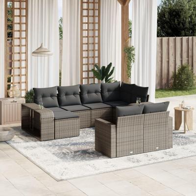 10-delige Loungeset met kussens poly rattan grijs