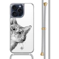 iPhone 15 Pro Max hoesje met grijs koord - Peekaboo kat - thumbnail