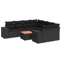 9-delige Loungeset met kussens poly rattan zwart - thumbnail