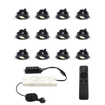 Set van 12 Sienna LED Mini Inbouwspots met trafo - 12 Volt 3 Watt 200 lumen - Dimbaar - Kantelbaar - Plat 30mm - 2700K - IP44 waterdicht - Zwart