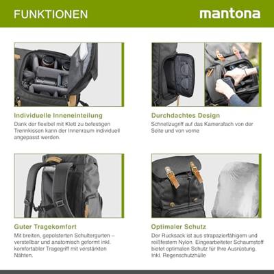Mantona Luis Retro fotorugzak (met echt lederen applicaties, incl. regenhoes, flexibele indeling en laptopvak, geschikt voor 1x DSLR-camera, 3x lenzen en diverse fotoaccessoires) zwart