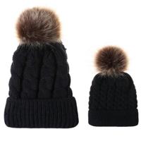 2 in 1 herfst en winter ouder-kind hoed set warme twist textuur gebreide muts met wol bal grootte: ouder-kind (zwart) - thumbnail
