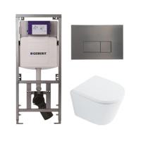 QeramiQ Dely Toiletset - 36.3x51.7cm - diepspoel - rimless - Geberit UP320 inbouwreservoir - met Burda frame - softclose toilet zitting 35 mm - gunmetal bedieningsplaat - rechthoekige knoppen - wit glans SW1026255 / SW1159505/0701131/SW706199 - thumbnail