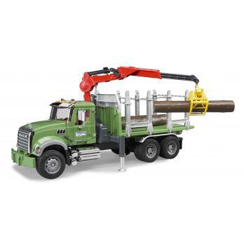Bruder Mack Granite houttransportwagen met kraan en 3 boomstammen