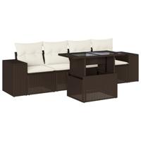 5-delige Loungeset met kussens poly rattan bruin - thumbnail