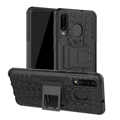 Band textuur TPU + PC schokbestendige telefoon geval voor Galaxy A50/A20/A30 met houder (zwart)