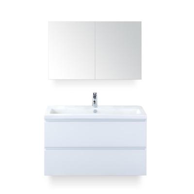 Vogue Badmeubelset 100 cm - Greeplijst in kleur - Wit Hoogglans - Keramische Wastafel Wit 1 kraangat - met Spiegelkast