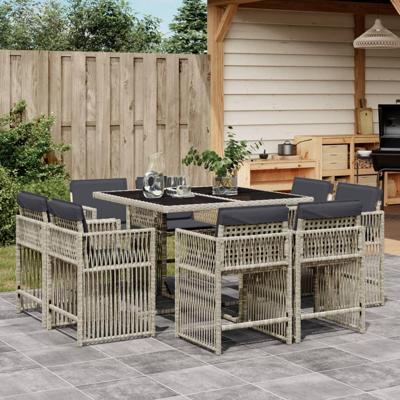 9-delige Tuinset met kussens poly rattan lichtgrijs