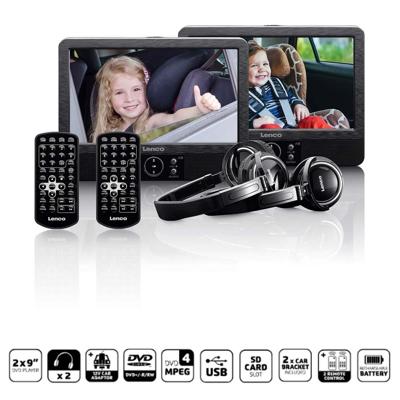 Lenco 2x 9" draagbare DVD-speler met USB SD ingebouwde batterij hoofdtelefoon en beugel Zwart - DVP-939 Lenco 2x 9" draagbare DVD-speler met USB SD ingebouwde batterij hoofdtelefoon en beugel Zwart - DVP-939