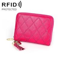 KB213 Diamond Texture Zipper Cowhide Leather Double Row Organ Shape Multiple Card Slots Anti-magnetic RFID Wallet Clutch Bag for Ladies (Rose Red) - thumbnail