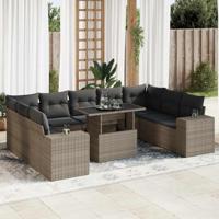 10-delige Loungeset met kussens poly rattan grijs - thumbnail