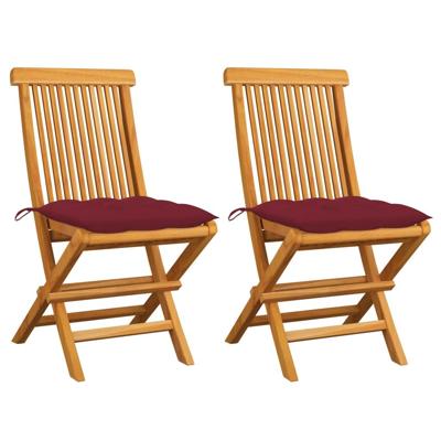 Tuinstoelen 2 st met wijnrode kussens massief teakhout