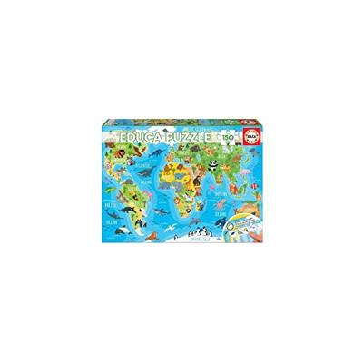 Puzzel van 150 stukjes Wereldkaart dieren EDUCA blauw Puzzel van 150 stukjes Wereldkaart dieren EDUCA blauw