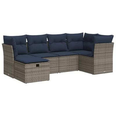 6-delige Loungeset met kussens poly rattan grijs