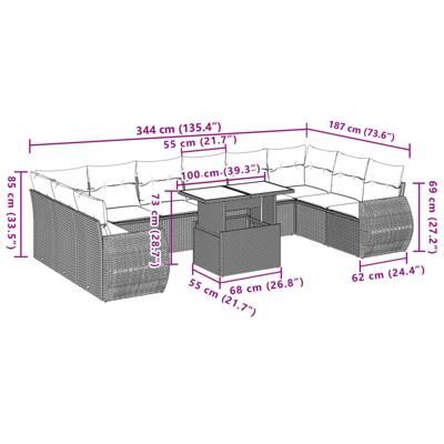 11-delige Loungeset met kussens poly rattan bruin - thumbnail