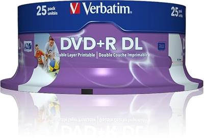 Verbatim DVD+R DL 8,5GB 8X Spindel. 25 Stuk zwart