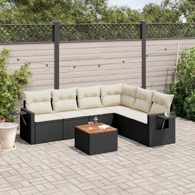 7-delige Loungeset met kussens poly rattan zwart