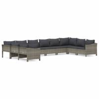 10-delige Loungeset met kussens poly rattan grijs - thumbnail