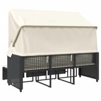 Tuinbank 3-zits met luifel en voetenbanken poly rattan zwart - thumbnail