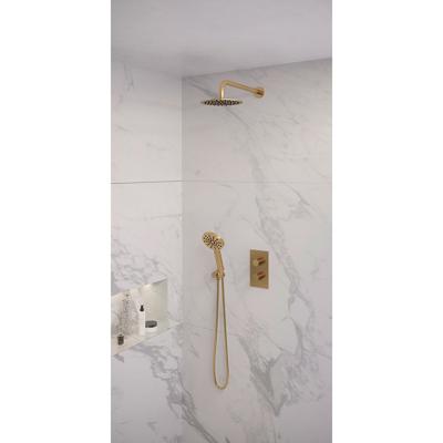 Gold Edition thermostatische inbouw regendouche set 33, 3-weg omstelling, 20 cm douchekop, gebogen muurarm, 3-standen handdouche, doucheslang, wandaansluitbocht - goud geborsteld PVD
