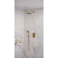 Gold Edition thermostatische inbouw regendouche set 33, 3-weg omstelling, 20 cm douchekop, gebogen muurarm, 3-standen handdouche, doucheslang, wandaansluitbocht - goud geborsteld PVD - thumbnail