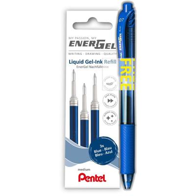 Gelschrijvervulling Pentel LR7 Energel met gratis gelpen medium blauw blister à 3 stuks