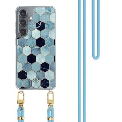 Samsung Galaxy S25 hoesje met blauw koord - Blue cubes Samsung Galaxy S25 hoesje met blauw koord - Blue cubes