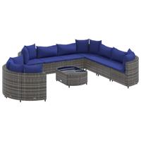 10-delige Loungeset met kussens poly rattan grijs - thumbnail