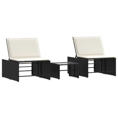 Ligbedden 2 st met tafel poly rattan zwart - thumbnail