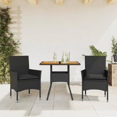 3-delige Tuinset met kussens poly rattan en glas zwart